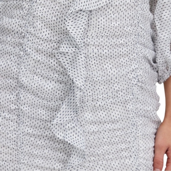 Minkpink Kalea Ruched Mini Dress Black White‎ Ruffle Size Large Balloon Sleeve - Picture 3 of 11